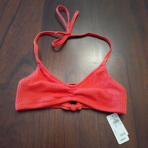 NWT Aerie Women's Pink Halter Bikini Top UPF 50 Ruffles Shimmer